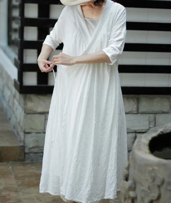 White Loose Stand Collar Cotton O Neck Women Dress