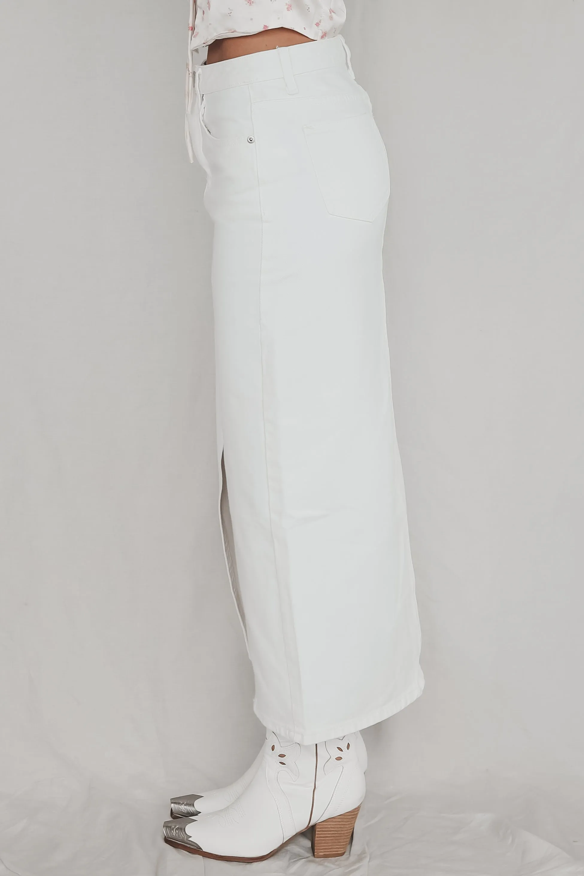 Woke Up Western White Denim Maxi Skirt