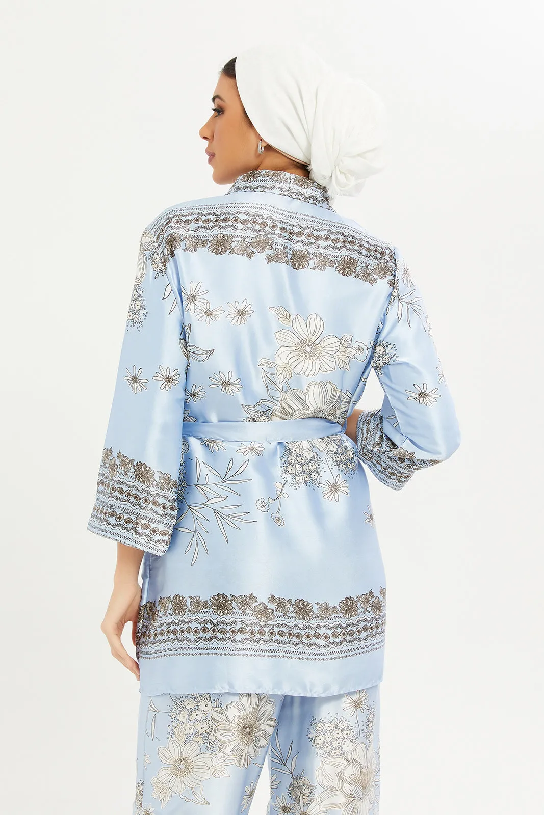 Women Blue Printed Belted Cardigan