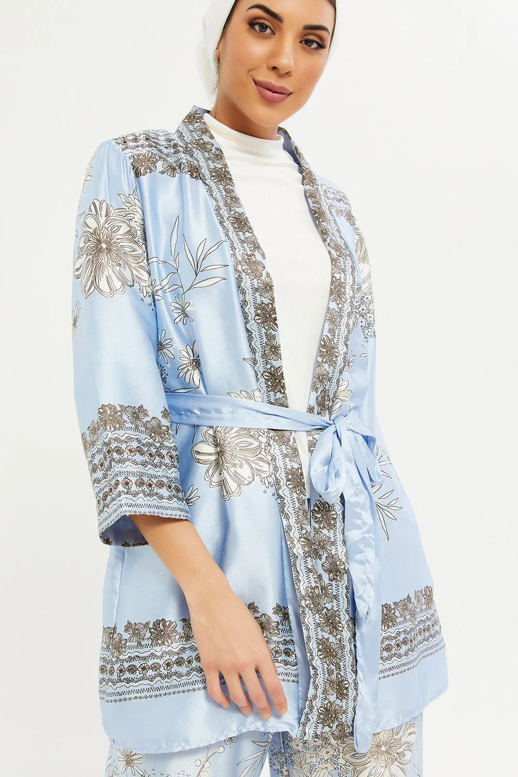 Women Blue Printed Belted Cardigan