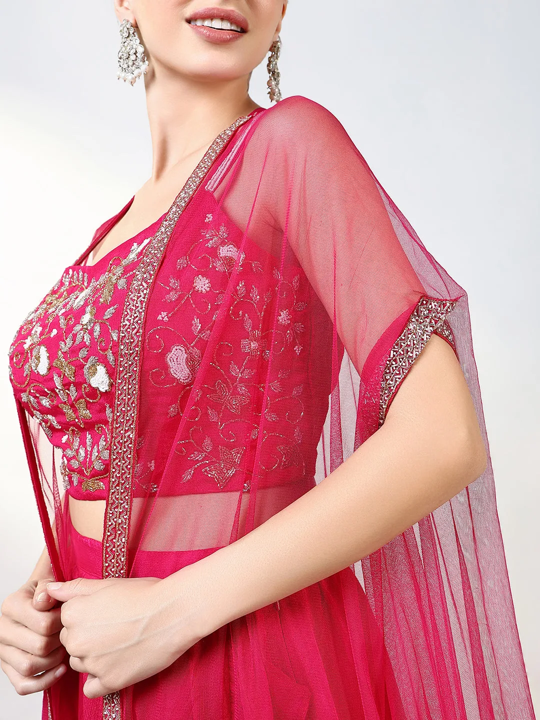 Women Pink Embroidered Lehenga Choli with Overcoat