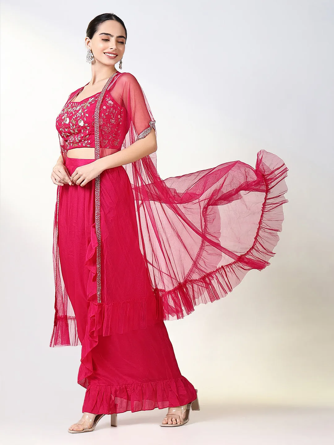 Women Pink Embroidered Lehenga Choli with Overcoat