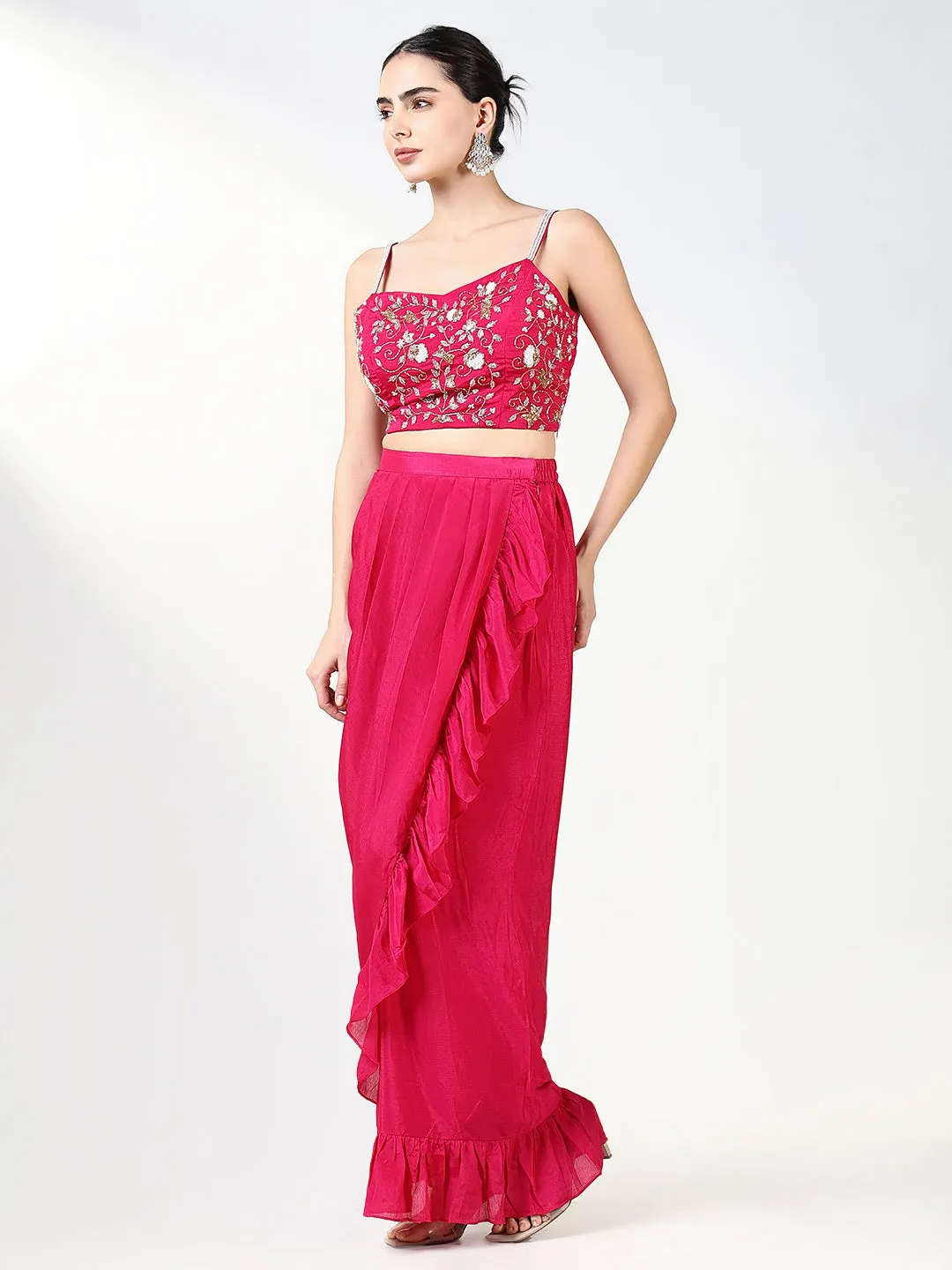 Women Pink Embroidered Lehenga Choli with Overcoat