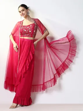 Women Pink Embroidered Lehenga Choli with Overcoat