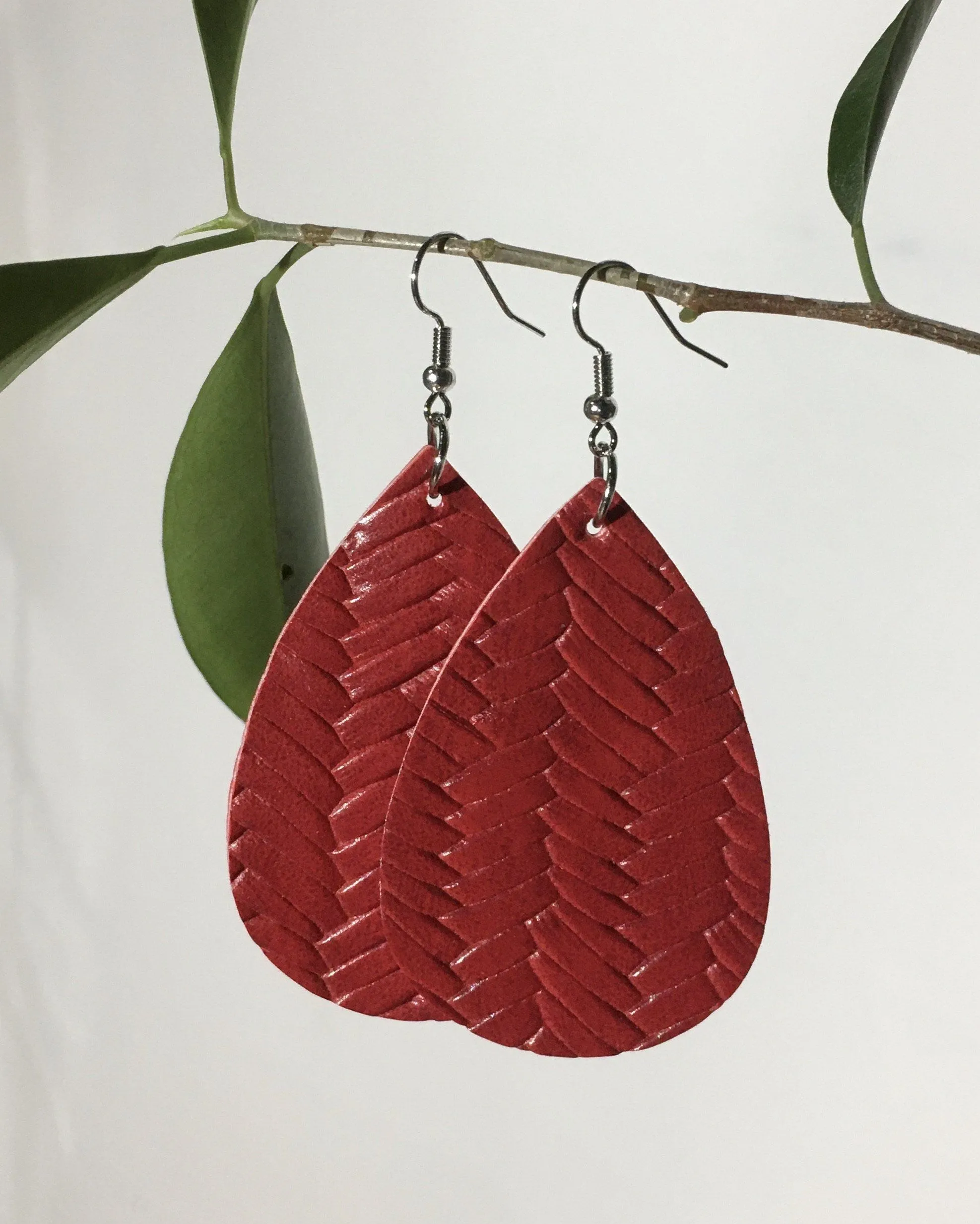 Womens Leather Braided Teardrop Earrings