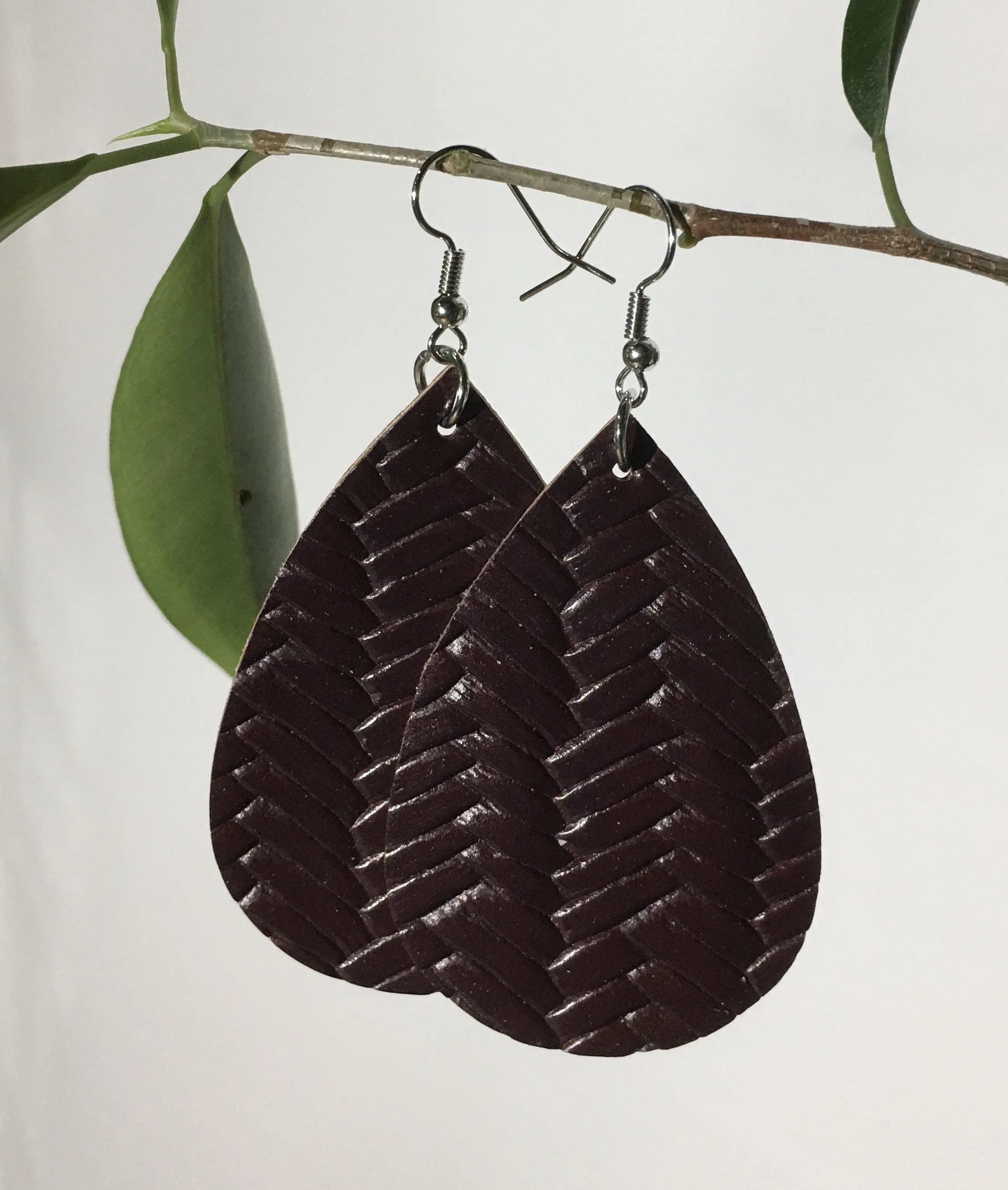 Womens Leather Braided Teardrop Earrings