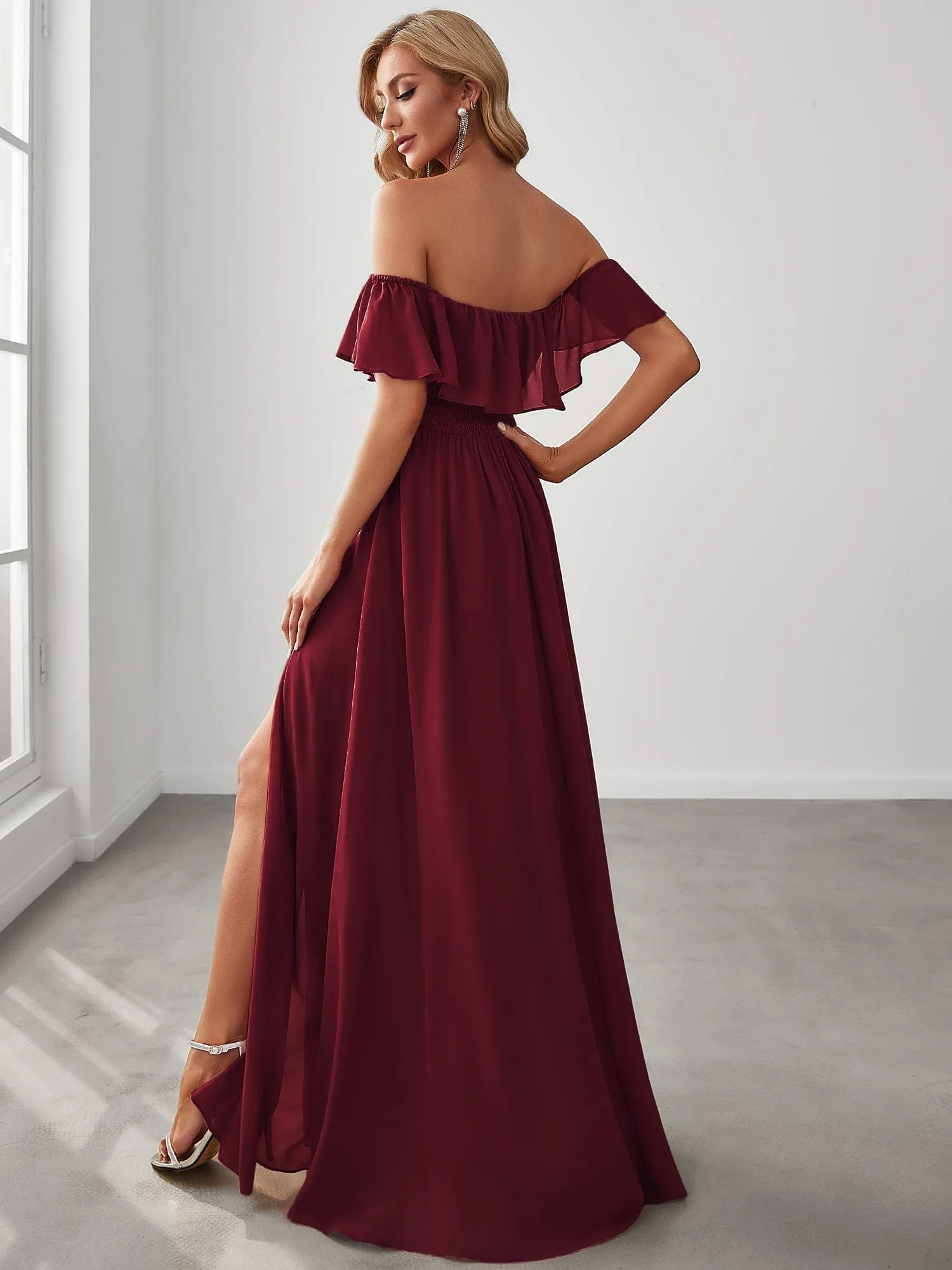 Women's Off Shoulder Ruffle Thigh Slit Bridesmaid Dresses