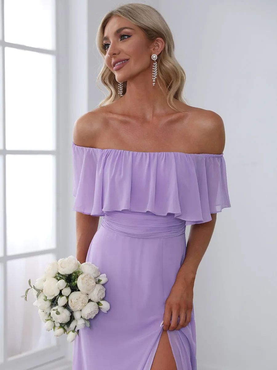 Women's Off Shoulder Ruffle Thigh Slit Bridesmaid Dresses