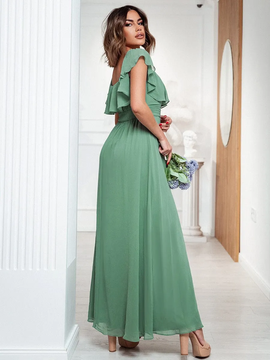 Women's Off Shoulder Ruffle Thigh Slit Bridesmaid Dresses