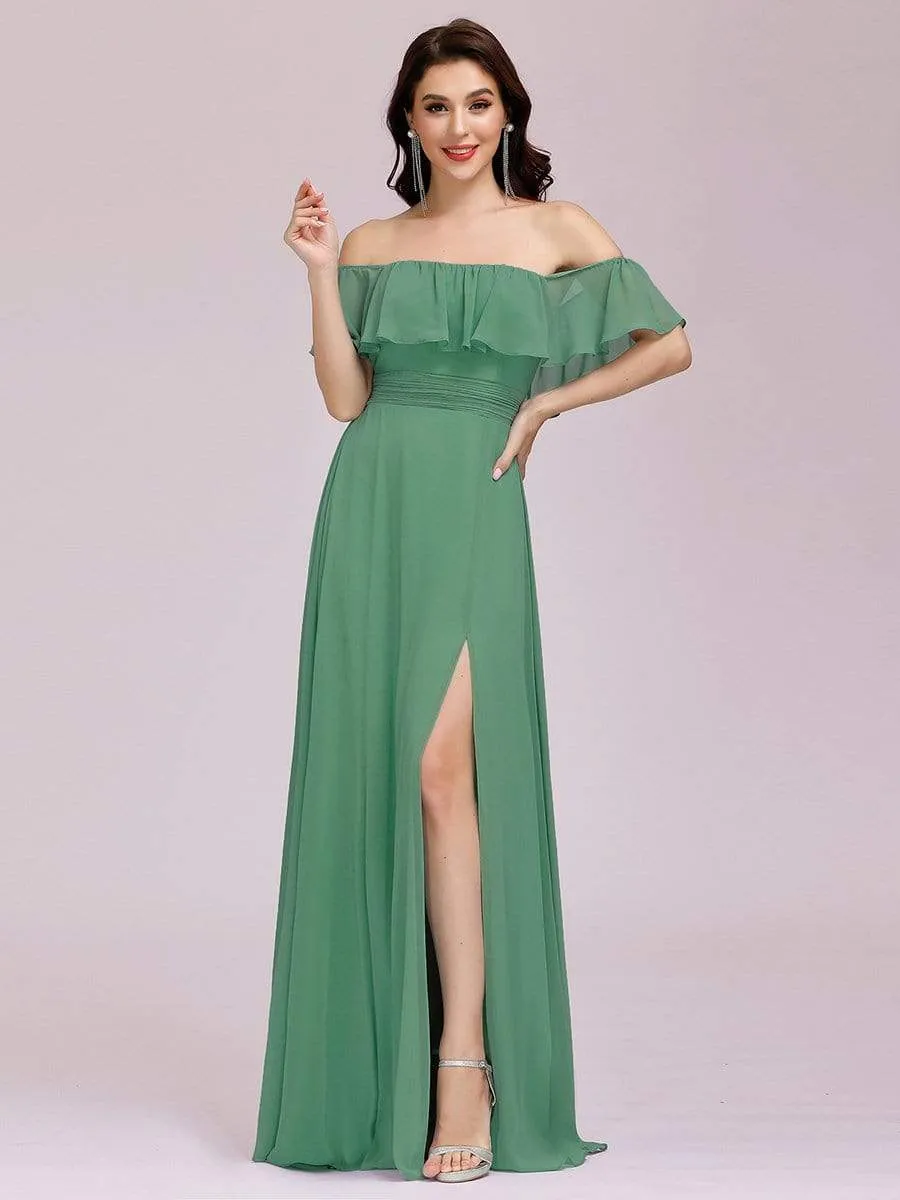 Women's Off Shoulder Ruffle Thigh Slit Bridesmaid Dresses