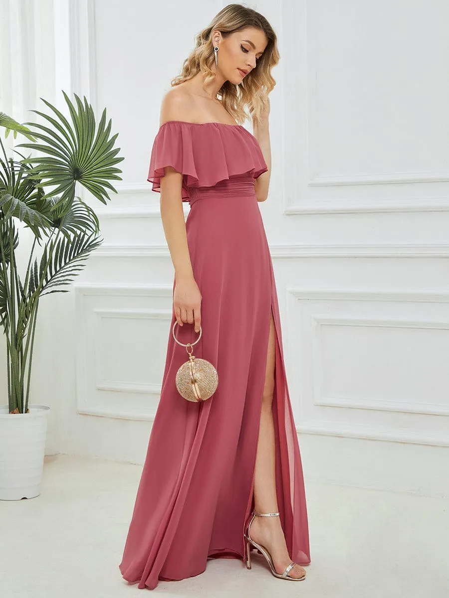 Women's Off Shoulder Ruffle Thigh Slit Bridesmaid Dresses