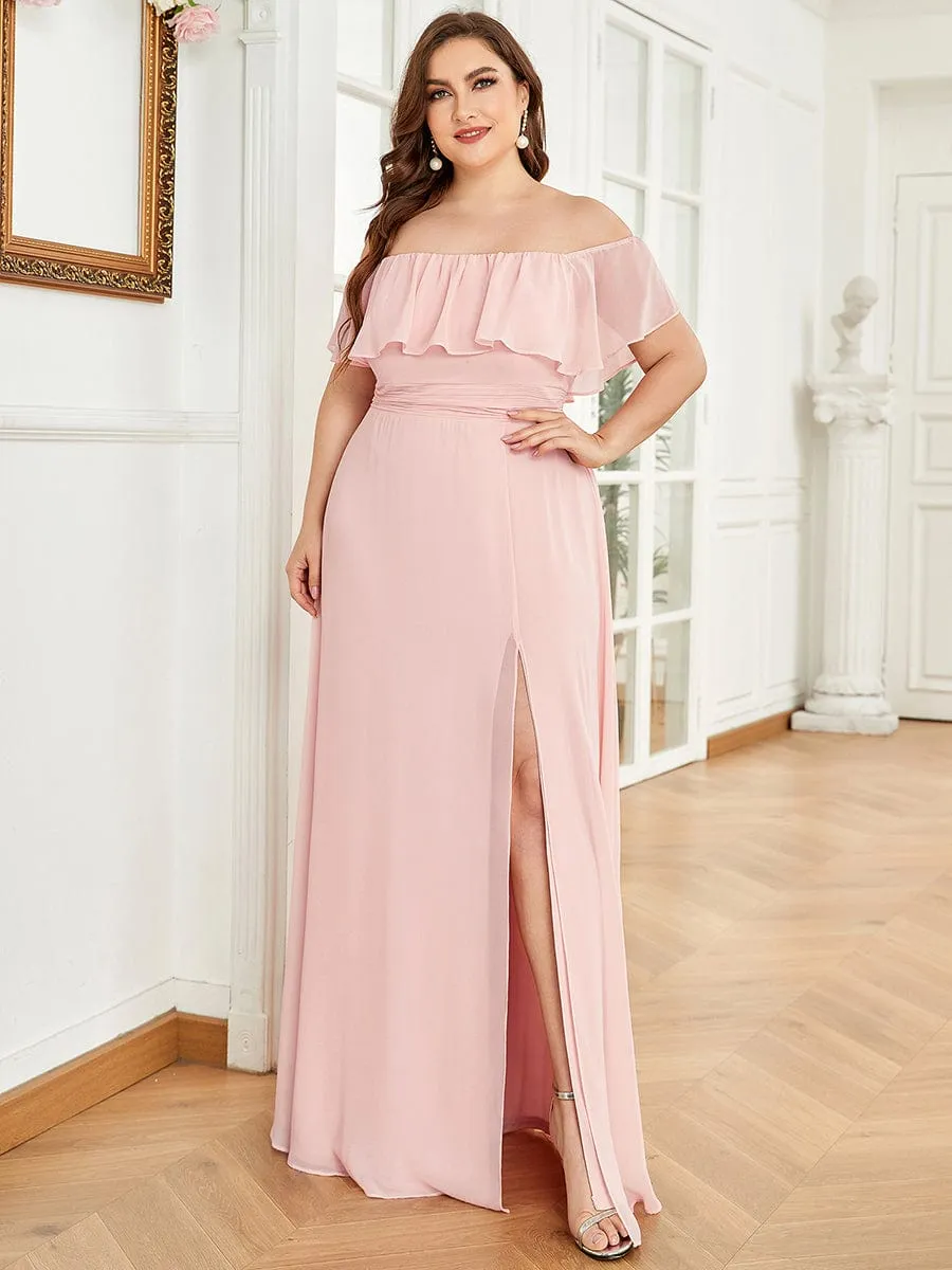 Women's Off Shoulder Ruffle Thigh Slit Bridesmaid Dresses