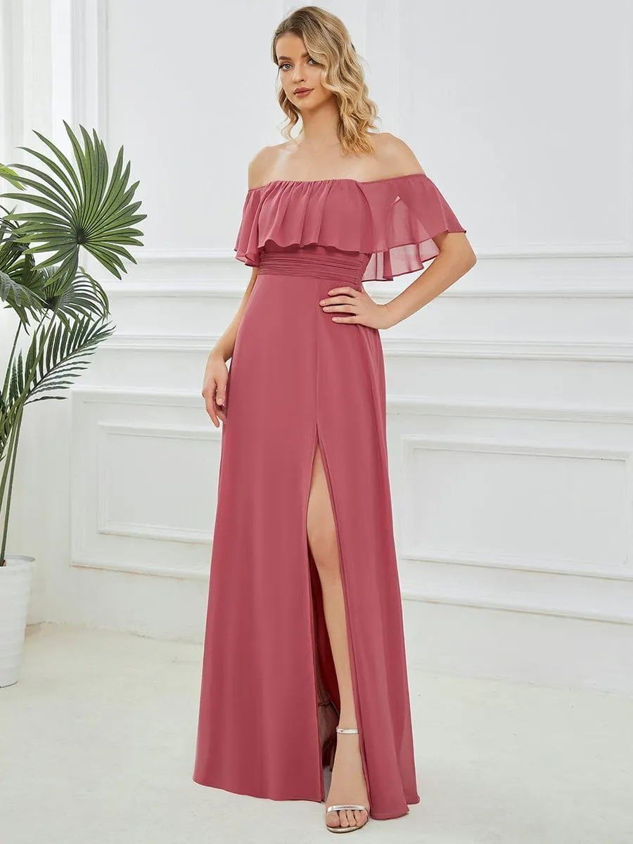 Women's Off Shoulder Ruffle Thigh Slit Bridesmaid Dresses