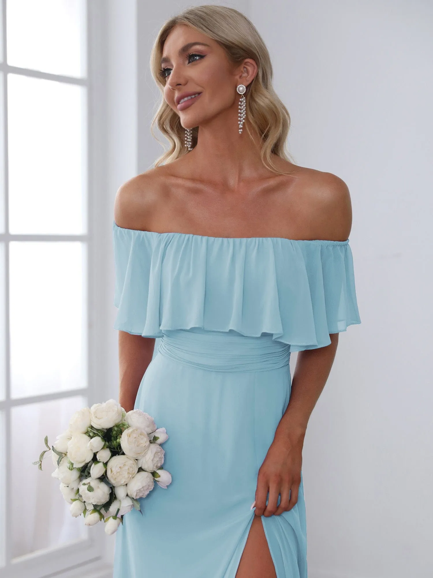 Women's Off Shoulder Ruffle Thigh Slit Bridesmaid Dresses