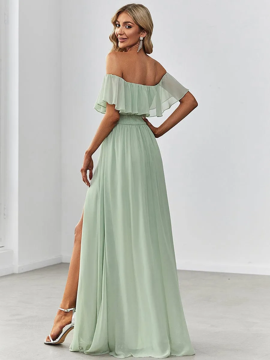 Women's Off Shoulder Ruffle Thigh Slit Bridesmaid Dresses