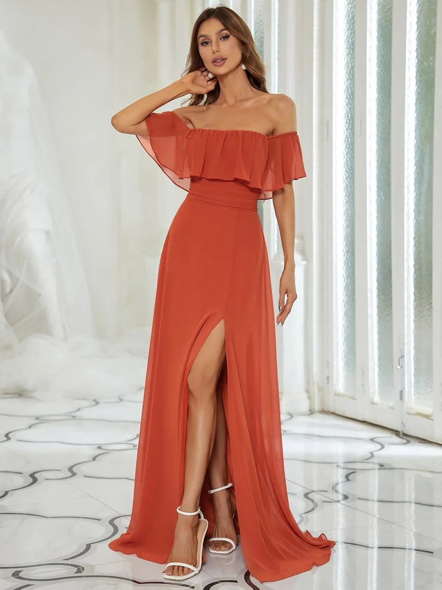 Women's Off Shoulder Ruffle Thigh Slit Bridesmaid Dresses