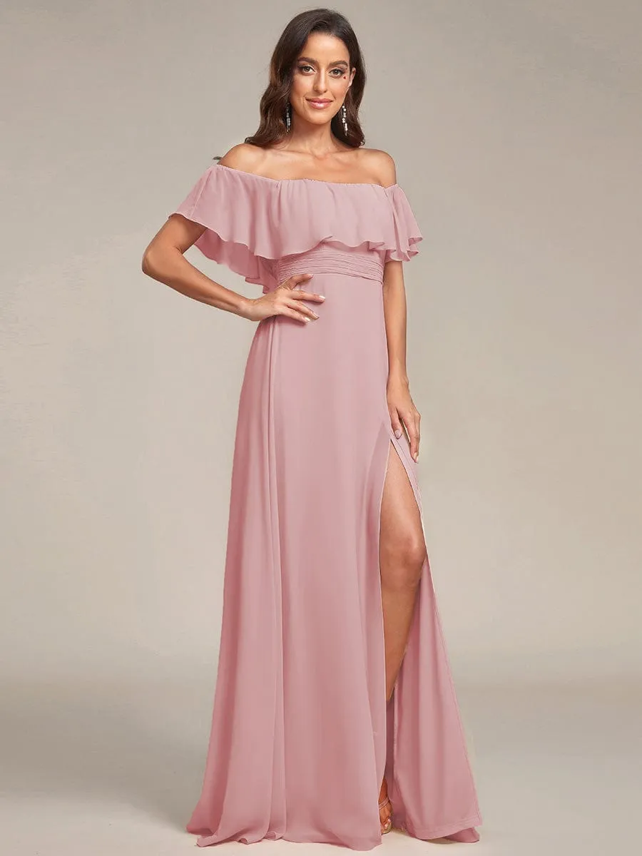 Women's Off Shoulder Ruffle Thigh Slit Bridesmaid Dresses