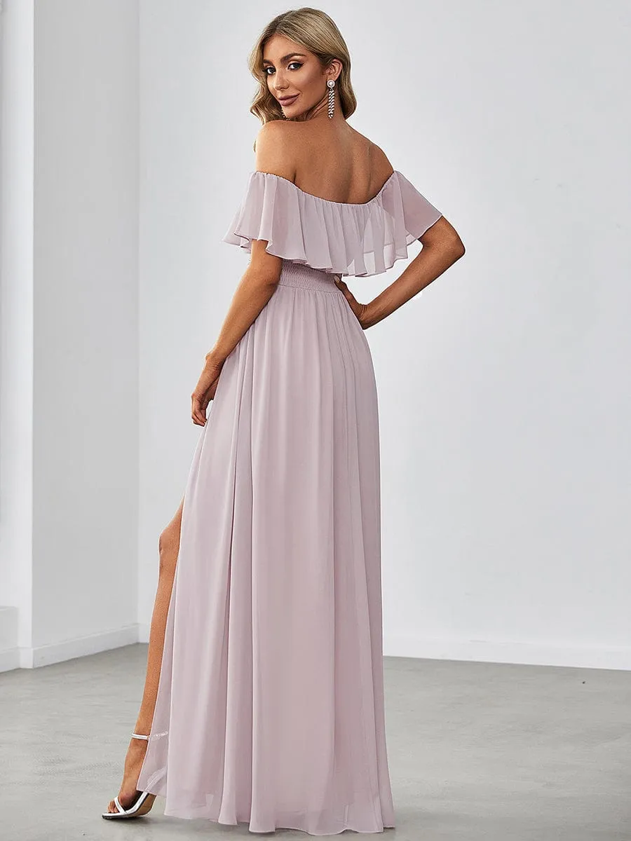 Women's Off Shoulder Ruffle Thigh Slit Bridesmaid Dresses