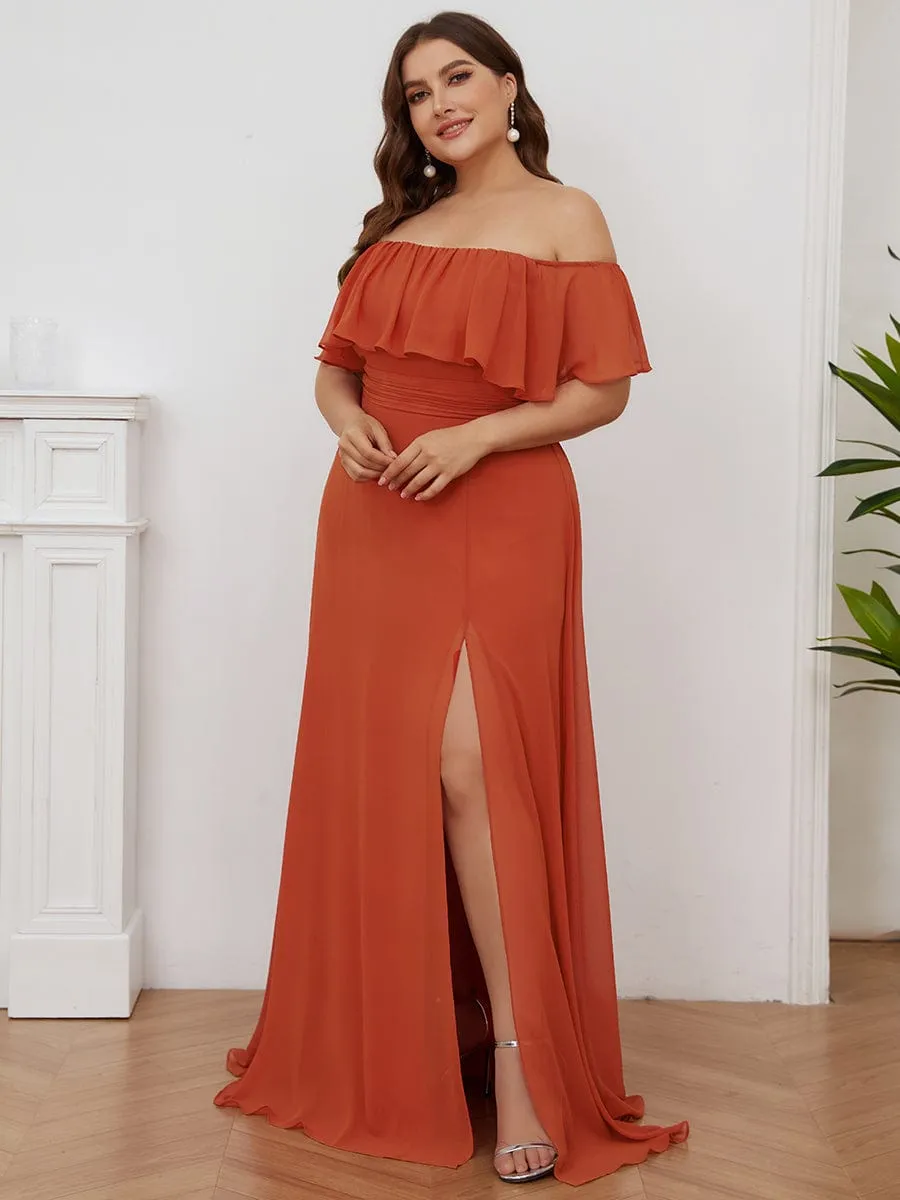 Women's Off Shoulder Ruffle Thigh Slit Bridesmaid Dresses