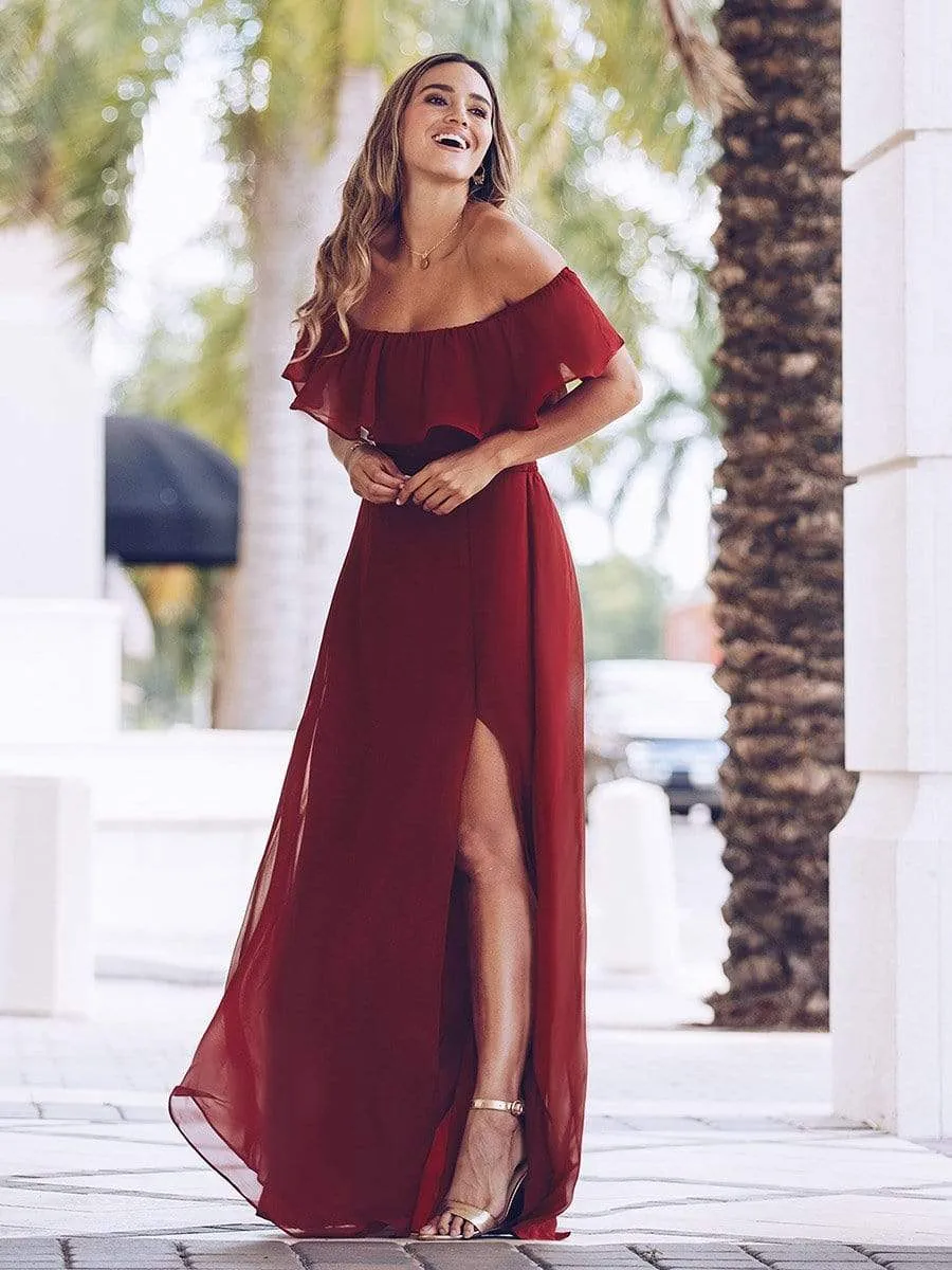 Women's Off Shoulder Ruffle Thigh Slit Bridesmaid Dresses