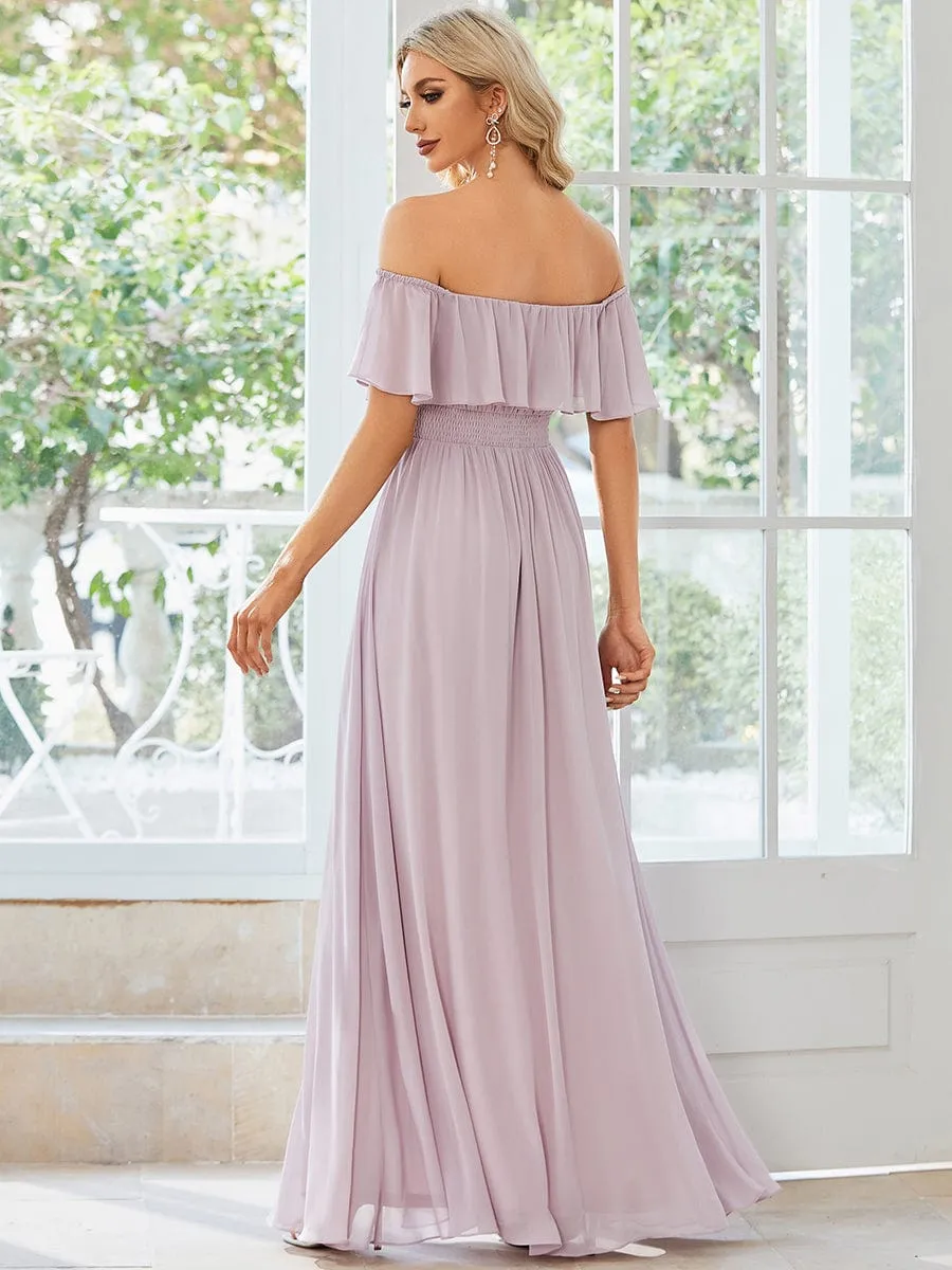 Women's Off Shoulder Ruffle Thigh Slit Bridesmaid Dresses