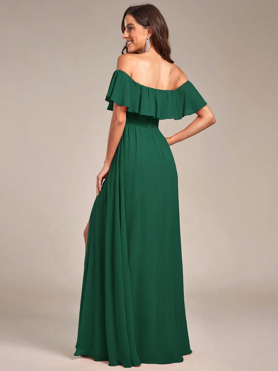 Women's Off Shoulder Ruffle Thigh Slit Bridesmaid Dresses