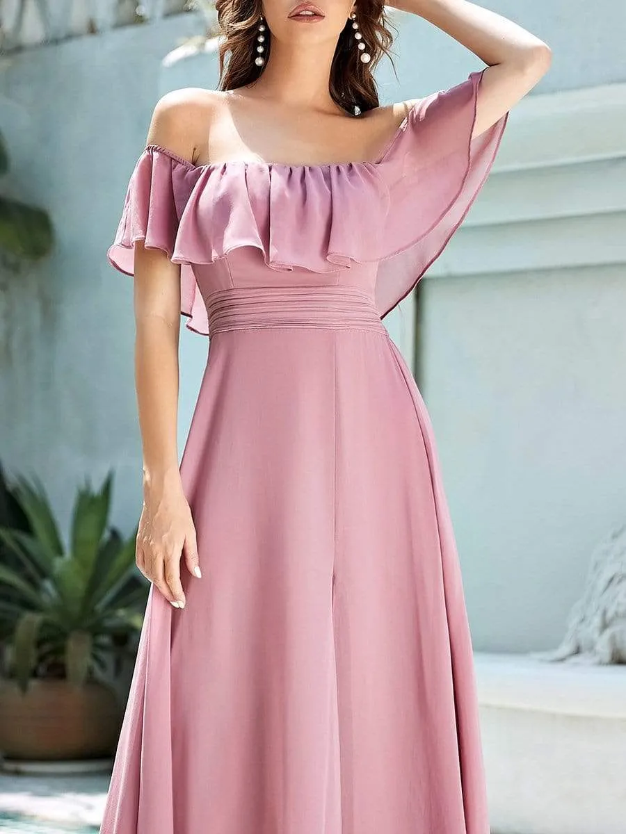 Women's Off Shoulder Ruffle Thigh Slit Bridesmaid Dresses