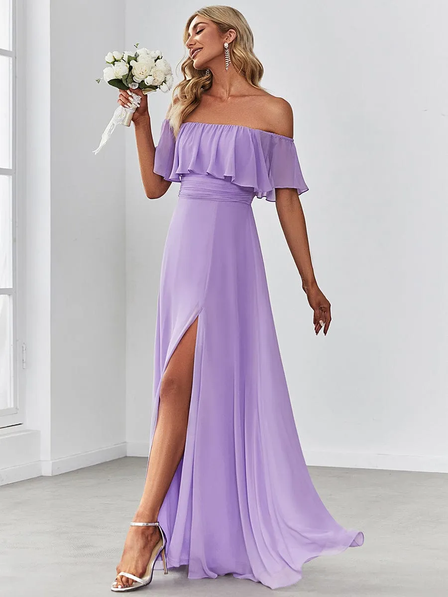 Women's Off Shoulder Ruffle Thigh Slit Bridesmaid Dresses