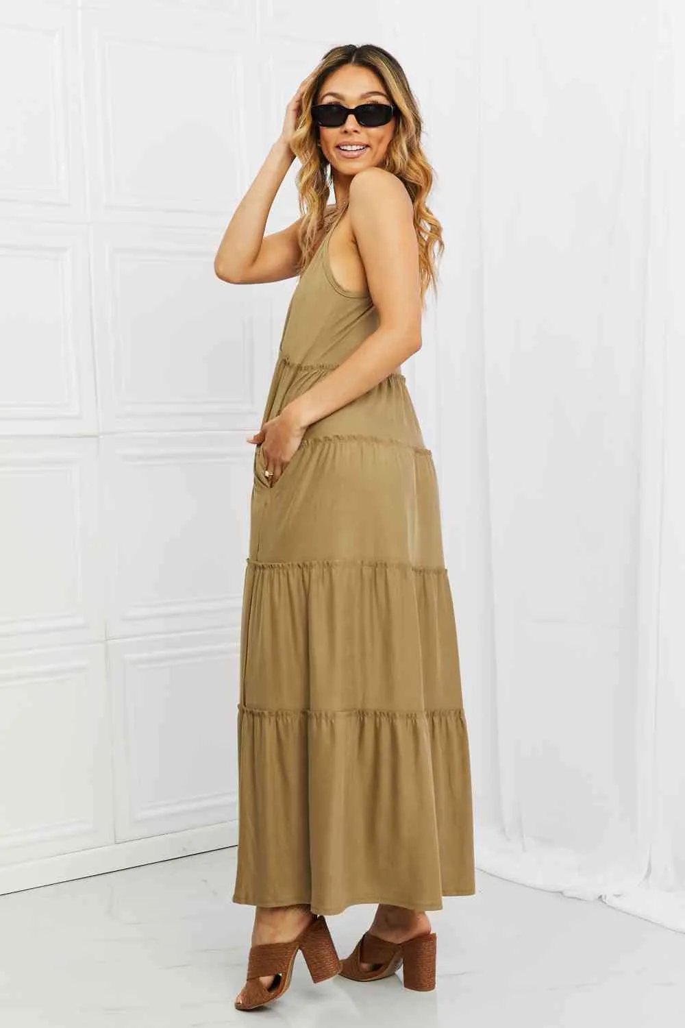 Women's Zenana Full Size Spaghetti Strap Tiered Dress with Pockets in Khaki