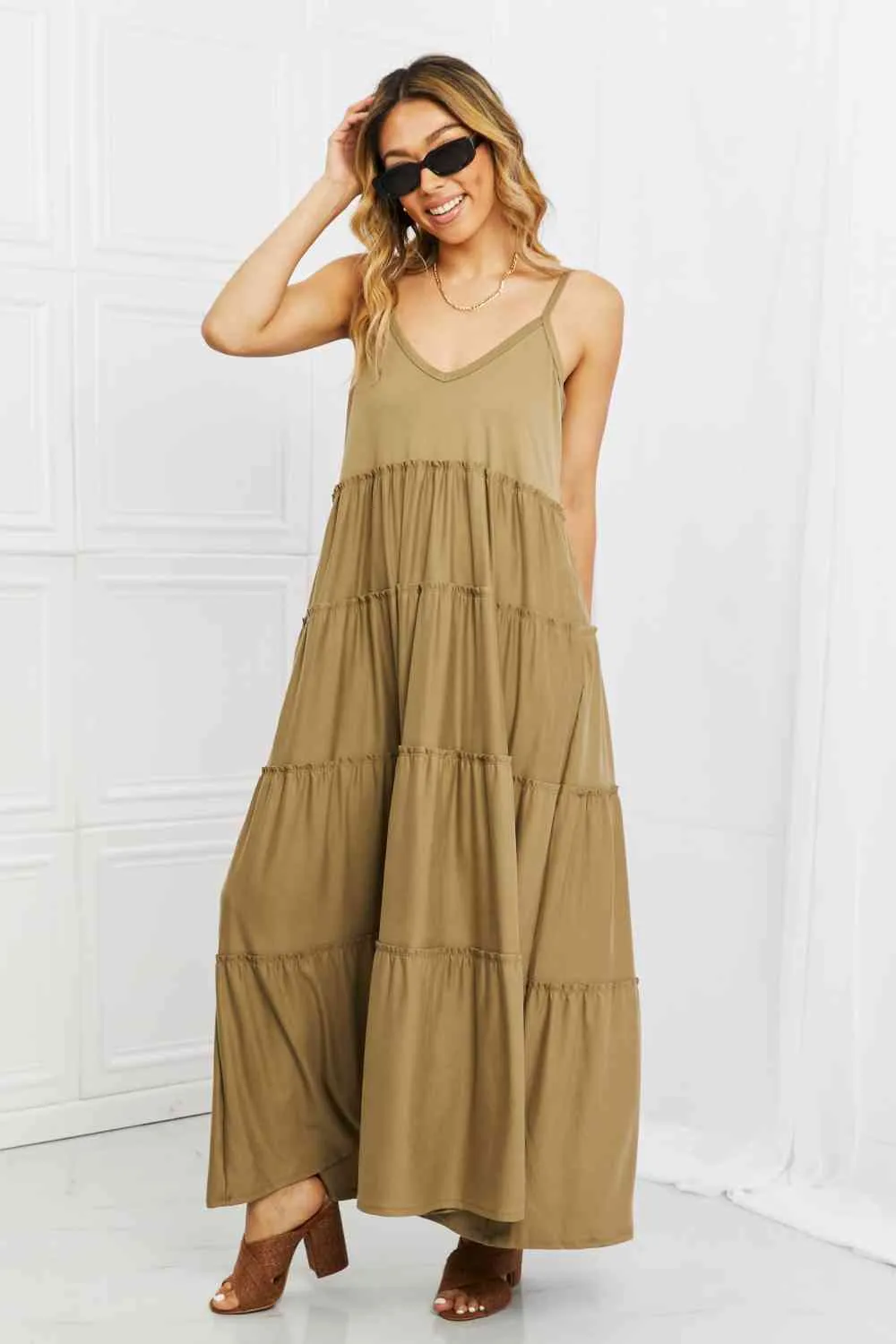 Women's Zenana Full Size Spaghetti Strap Tiered Dress with Pockets in Khaki