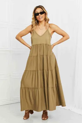 Women's Zenana Full Size Spaghetti Strap Tiered Dress with Pockets in Khaki