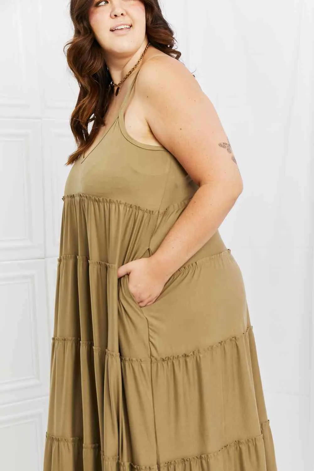 Women's Zenana Full Size Spaghetti Strap Tiered Dress with Pockets in Khaki