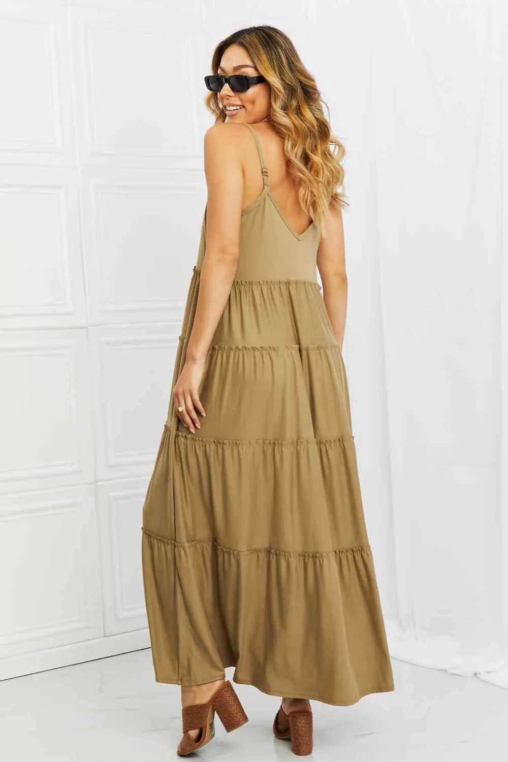 Women's Zenana Full Size Spaghetti Strap Tiered Dress with Pockets in Khaki