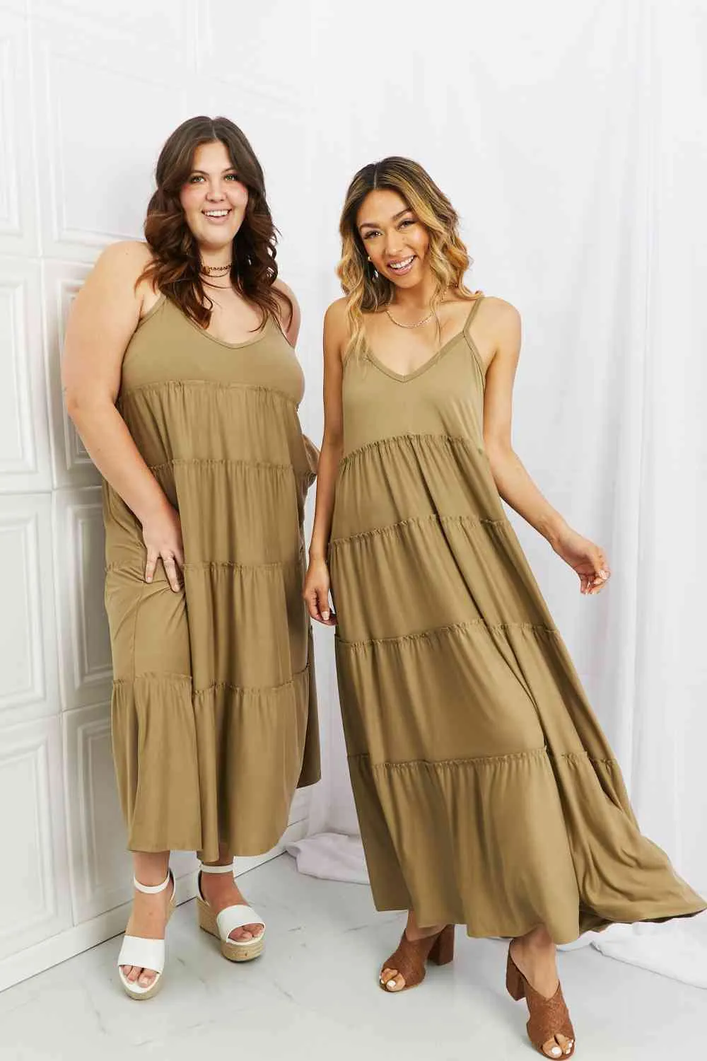 Women's Zenana Full Size Spaghetti Strap Tiered Dress with Pockets in Khaki