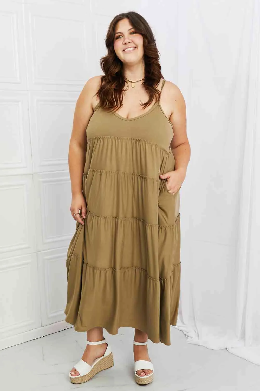 Women's Zenana Full Size Spaghetti Strap Tiered Dress with Pockets in Khaki