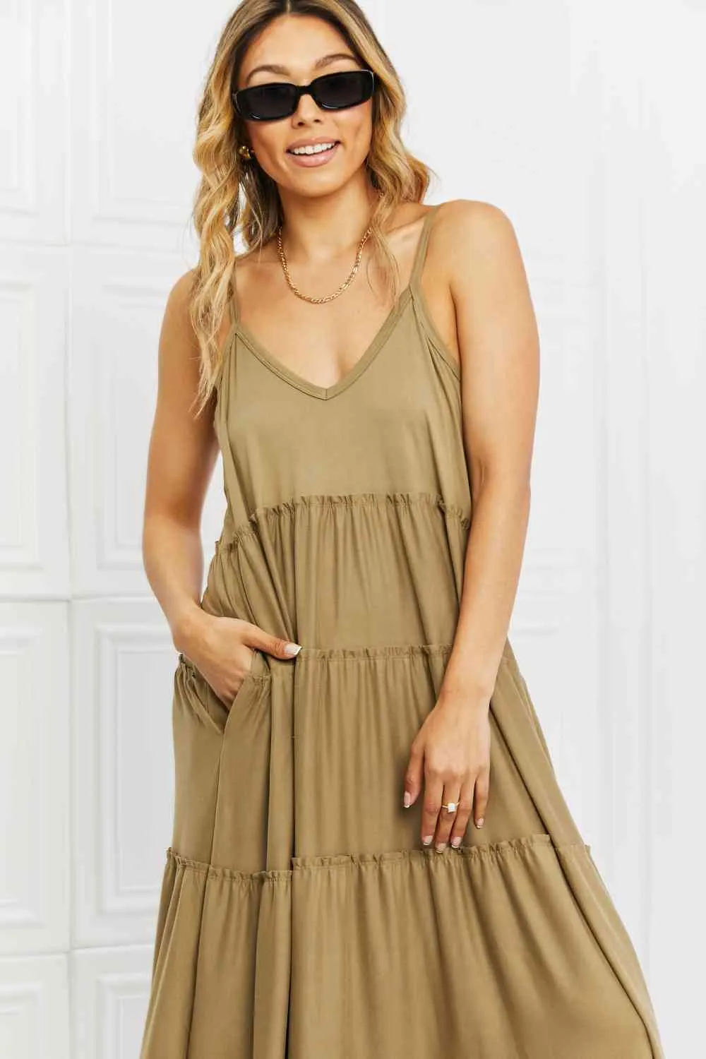 Women's Zenana Full Size Spaghetti Strap Tiered Dress with Pockets in Khaki