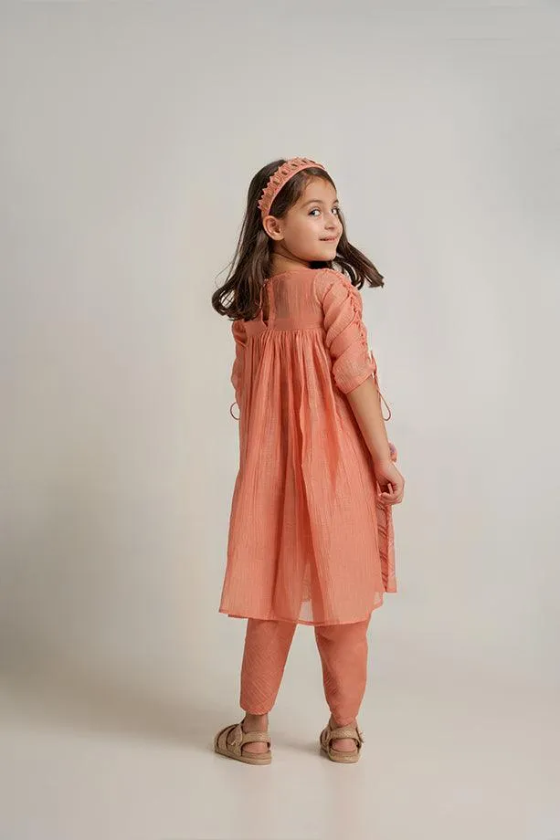 Yankee Doodle- Peach Chanderi Silk Hand Embroidered Flared Top & Tulip Pants Set for Girls