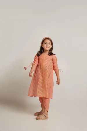 Yankee Doodle- Peach Chanderi Silk Hand Embroidered Flared Top & Tulip Pants Set for Girls