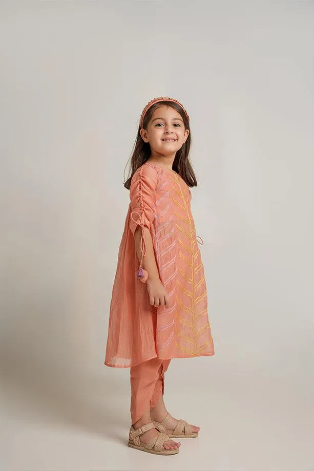 Yankee Doodle- Peach Chanderi Silk Hand Embroidered Flared Top & Tulip Pants Set for Girls