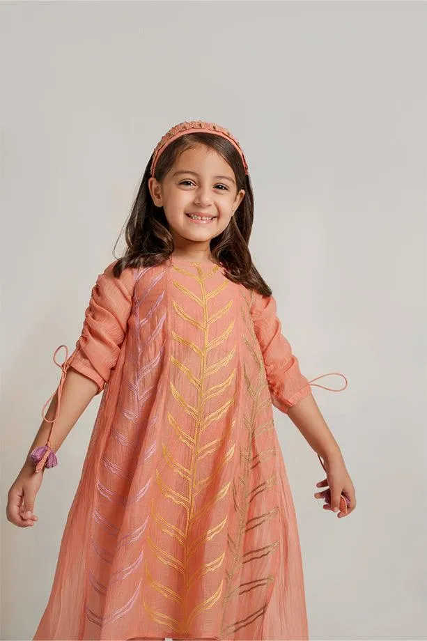 Yankee Doodle- Peach Chanderi Silk Hand Embroidered Flared Top & Tulip Pants Set for Girls