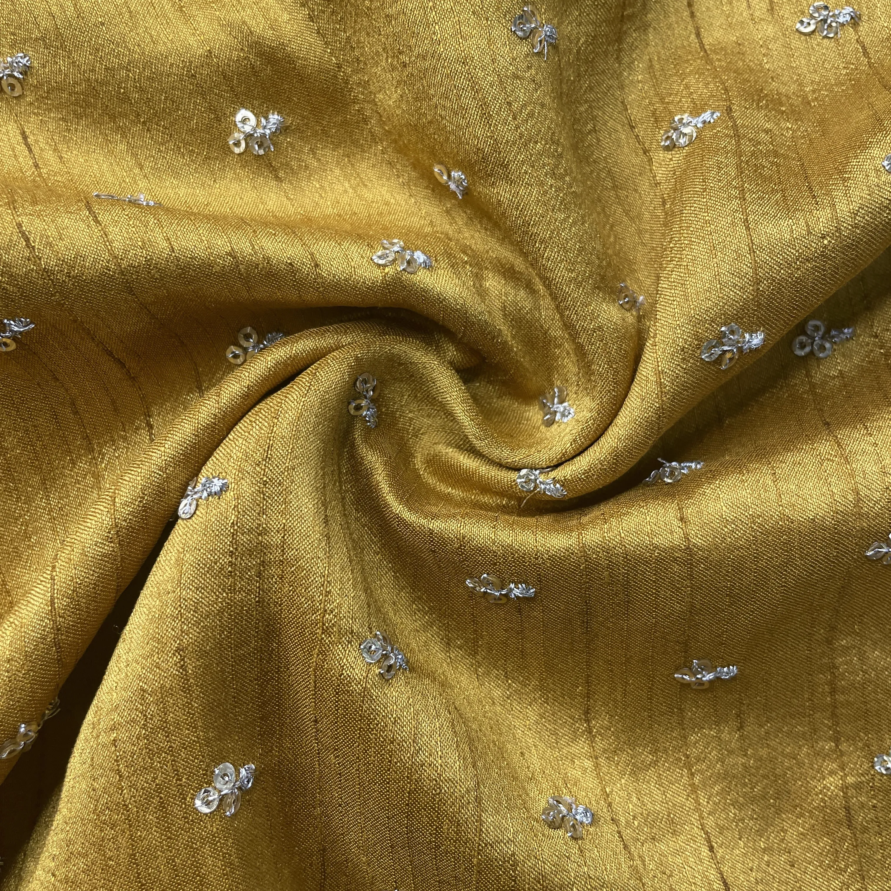 Yellow Sequins Embroidery Dupian Silk Fabric 19909