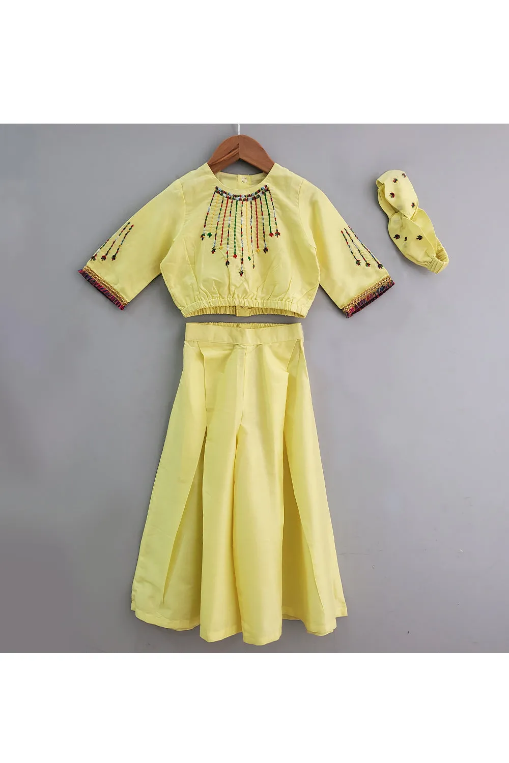 Yellow Thread Embroidered Crop Top With Flared Pants And Hairband