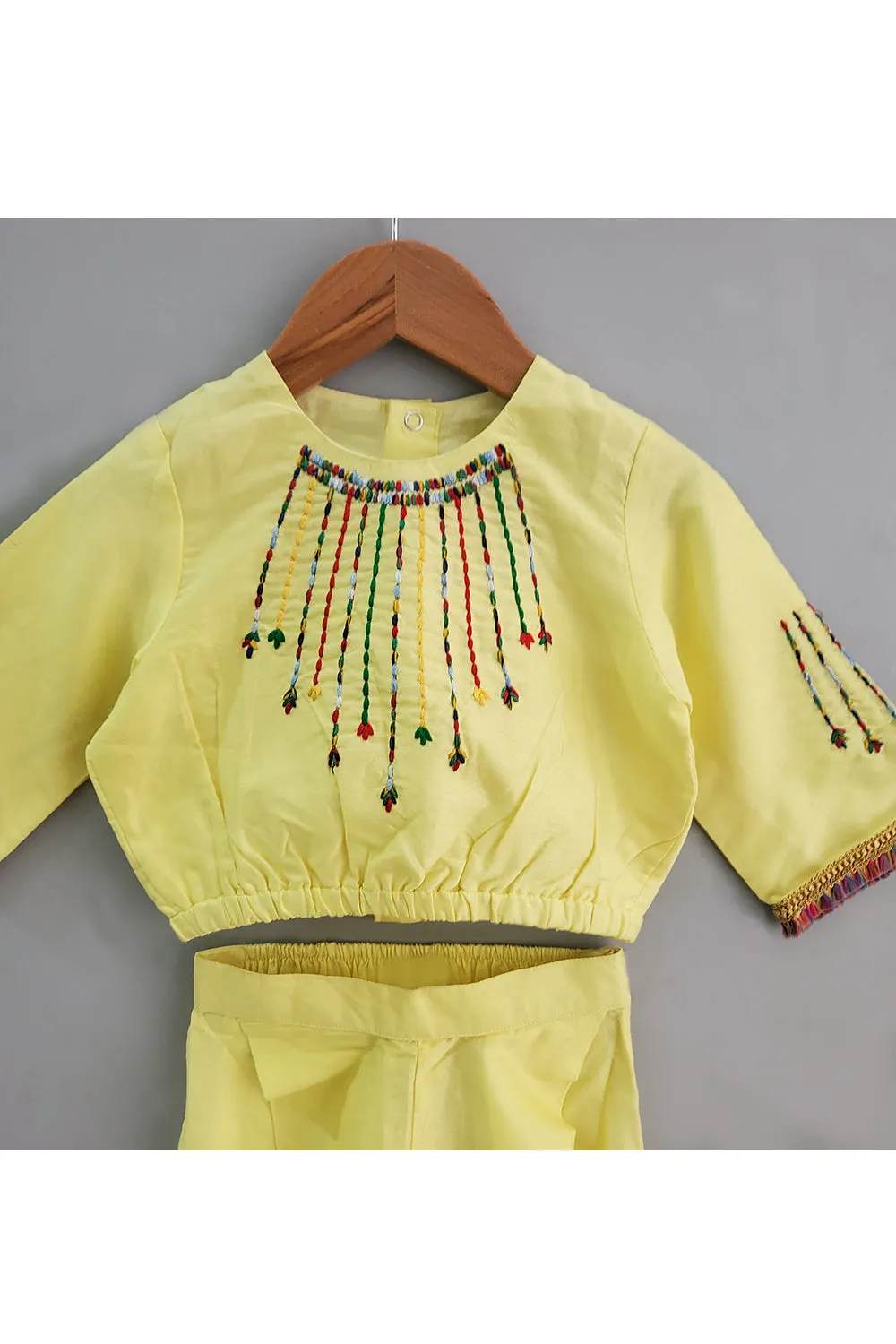 Yellow Thread Embroidered Crop Top With Flared Pants And Hairband