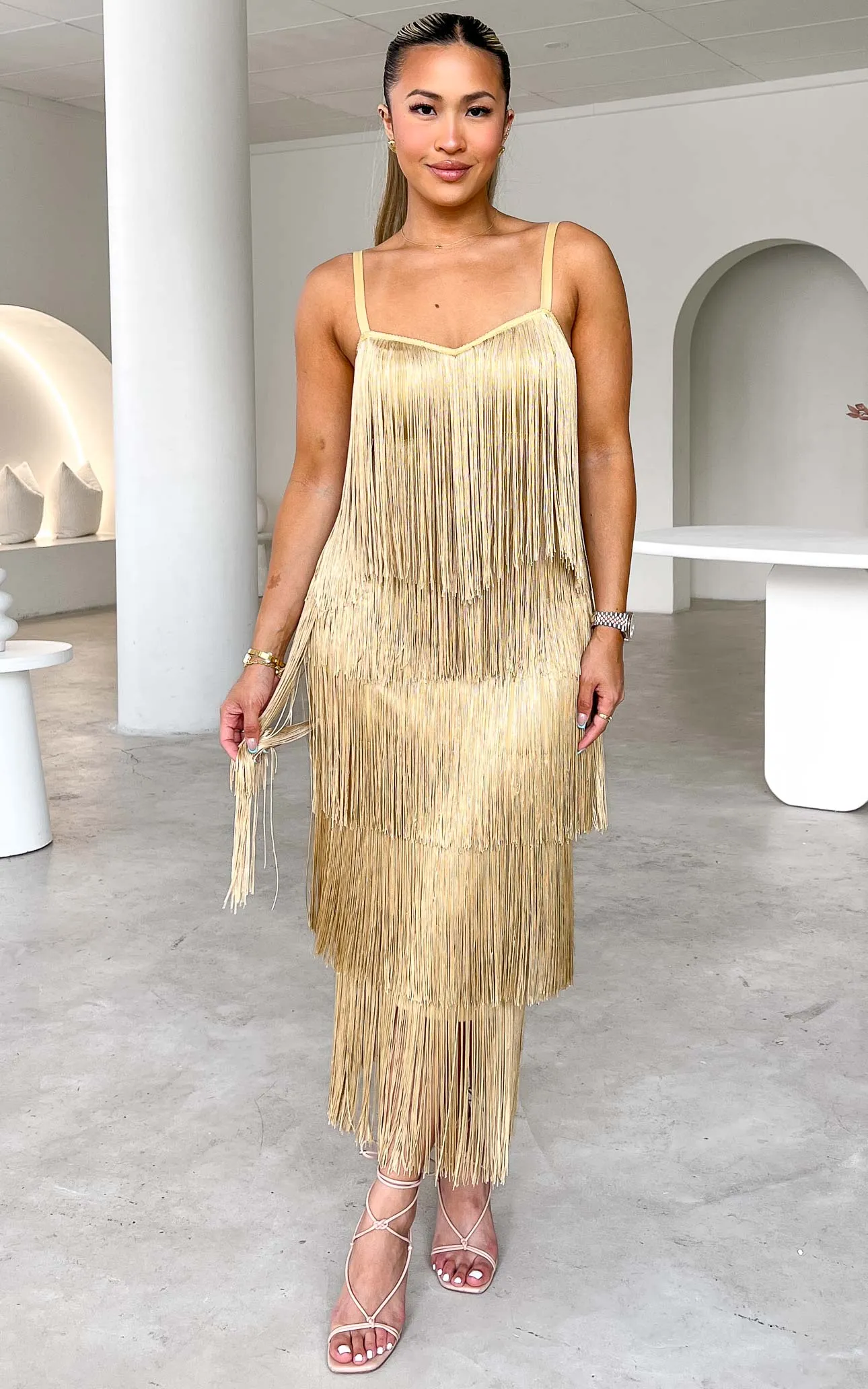 You Found Me Fringe Tassel Maxi Dress - Gold